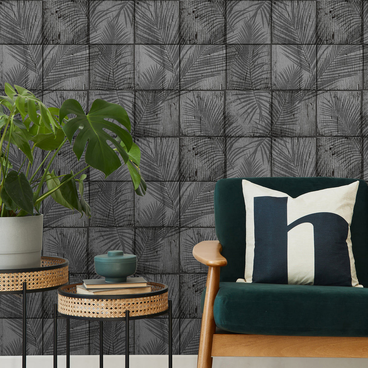 Rustic Palm Shadow Tile Gray by Veer Decor Textured Vinyl Wallpaper – VRNO09-986