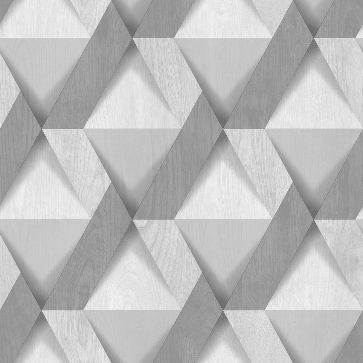 Modern Losange Wood Light Gray geometric wood-look wallpaper roll and room scene