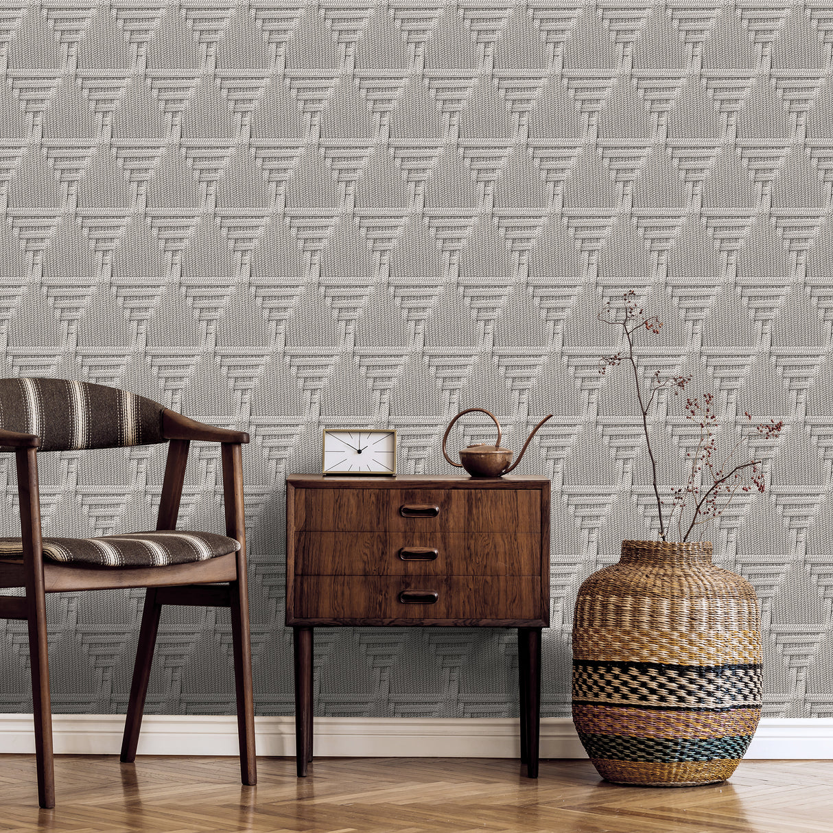 Rope Weave Diamond Light Gray by Veer Decor Textured Geometric Wallpaper – Veer Decor VRNO19-886