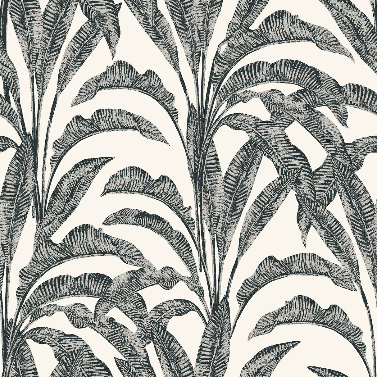 Luxe Tropical Palm gray and cream textured vinyl wallpaper roll with palm fronds pattern