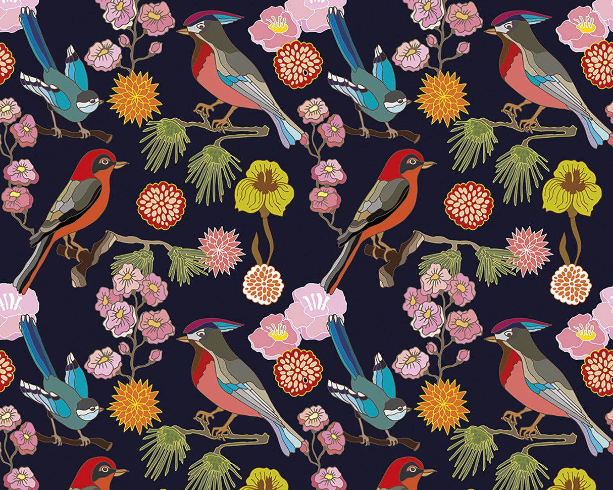 Floral Birds Multicolor Wall Mural with Chinoiserie Floral and Bird Motif - ohpopsi WALS0304
