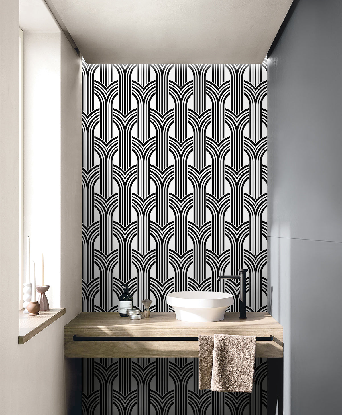 Hendrix Arches Off-White & Onyx by Piano Geometric Wallpaper – Seabrook Designs WH40030