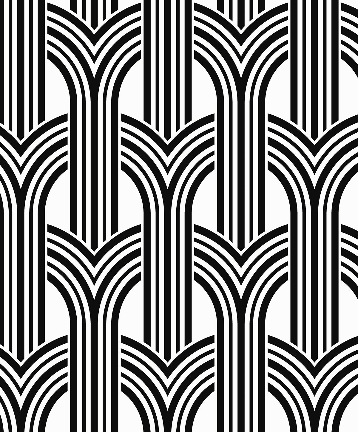 Hendrix Arches geometric wallpaper in off-white and onyx black with bold arched Art Deco lines