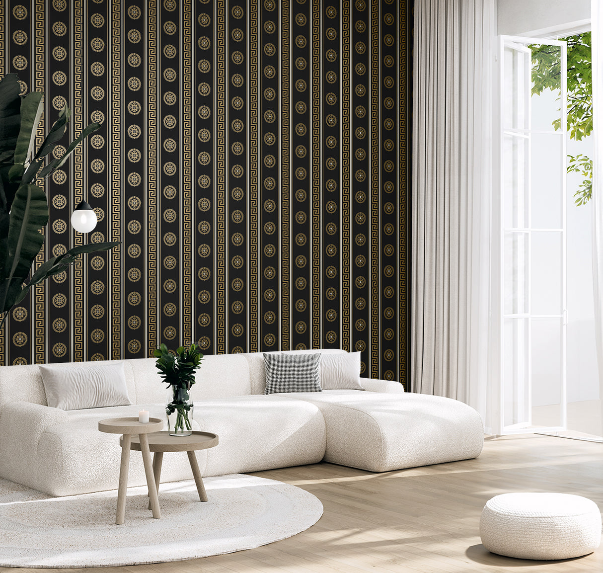 Classico Medallion Stripe Black & Metallic Gold by Piano Metallic Medallion Stripe Wallpaper – Seabrook Designs WH40106