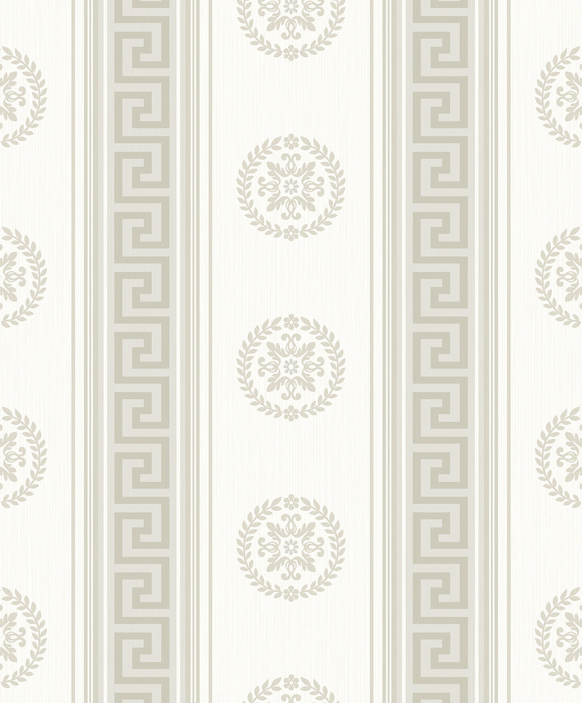 Cream and metallic champagne medallion stripe wallpaper with Greek key vertical borders