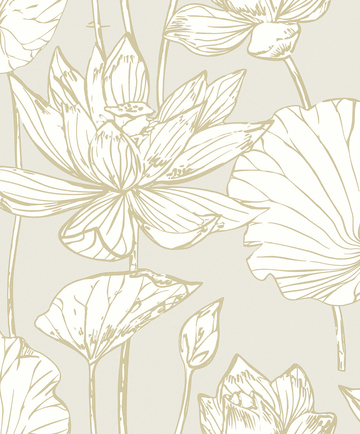 Viola Floral wallpaper in neutral with metallic gold floral linework on a soft gray ground