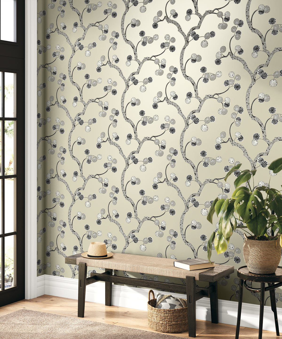 Allegra Branches Metallic Champagne & Stone by Piano Botanical Branch Wallpaper – Seabrook Designs WH41015