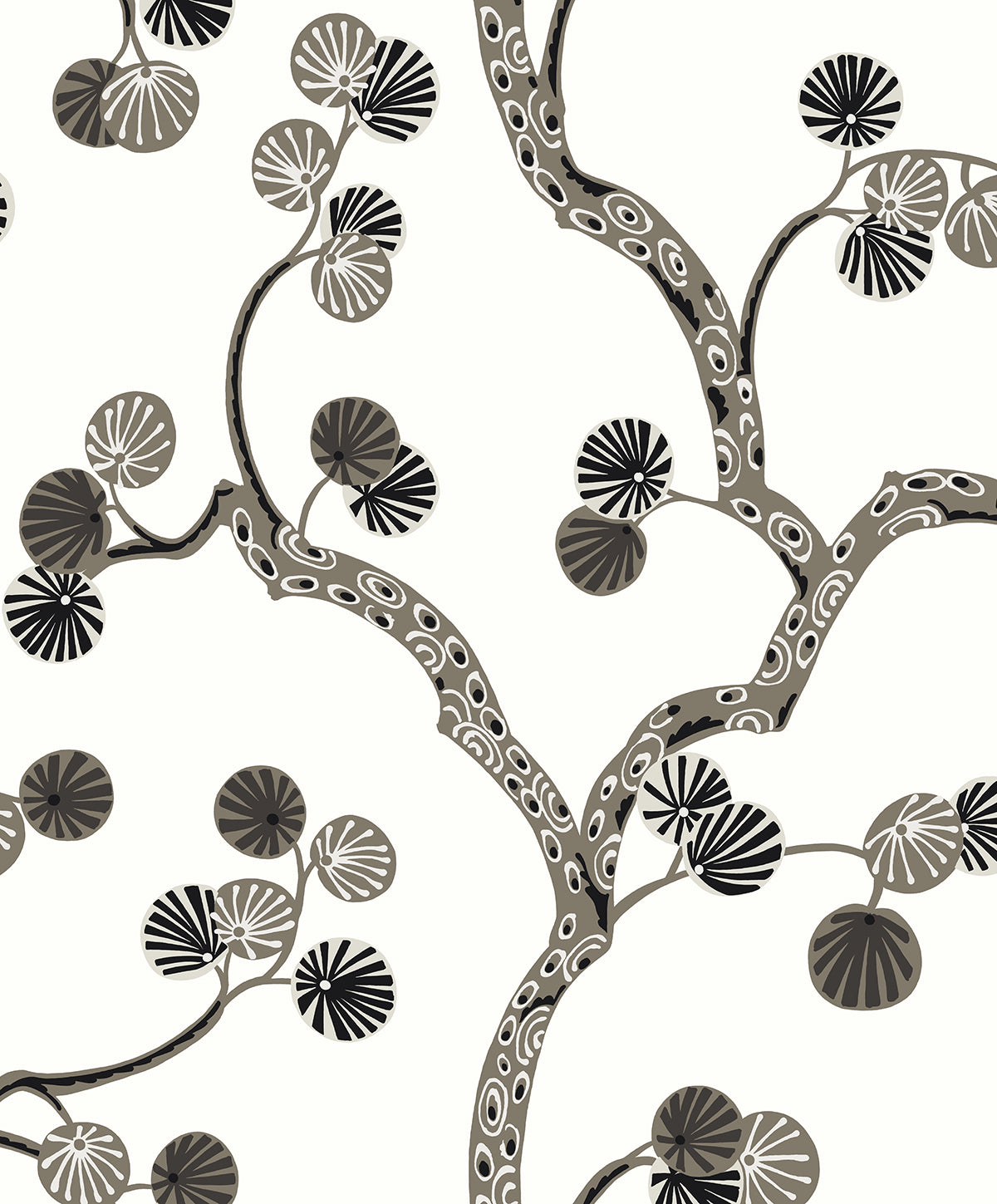 Allegra Branches wallpaper in Cream & Rhino featuring stylized botanical branches in gray tones on a light background.