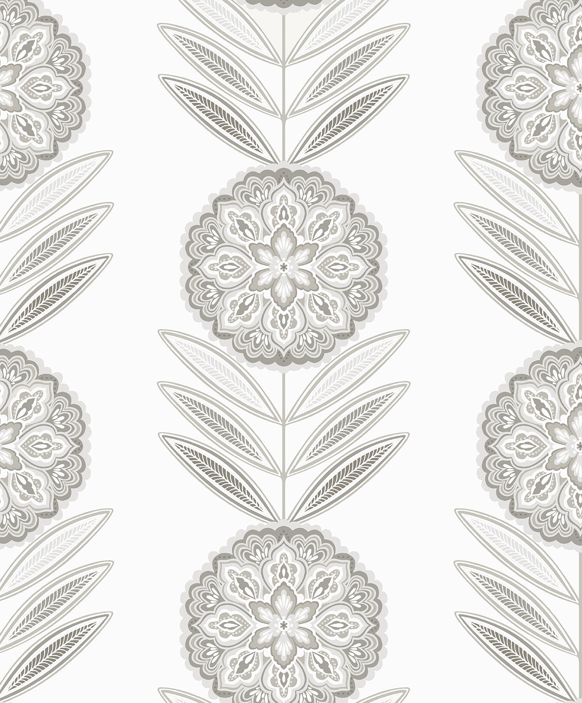 Smoke grey floral medallion stripe wallpaper pattern with satin finish