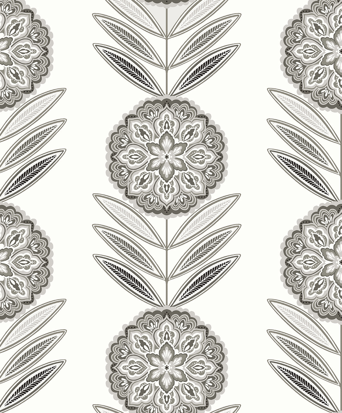 Belle Floral Stripe wallpaper in Mushroom neutral tones with stylized floral medallions and vertical stripe layout
