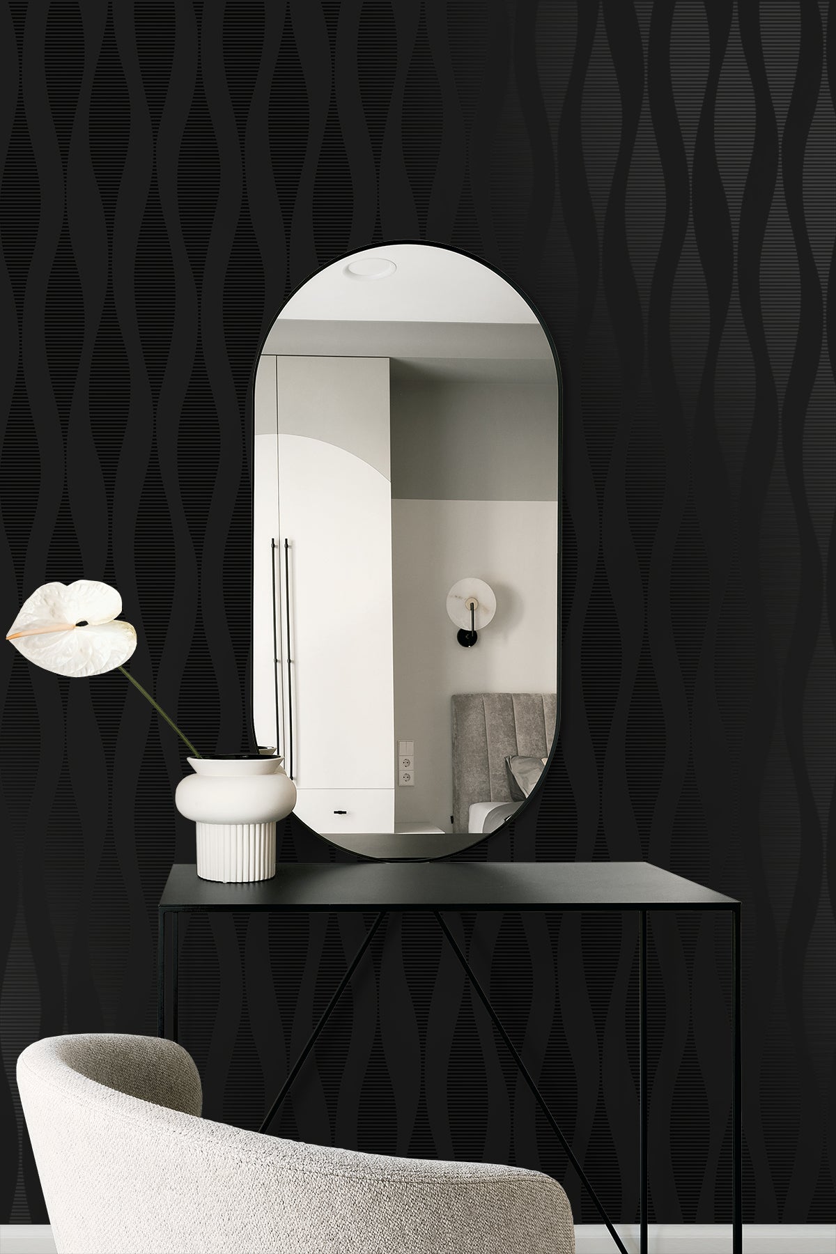 Harmony Ikat Waves Metallic Carbon by Piano Abstract Ikat Wave Wallpaper – Seabrook Designs WH41200