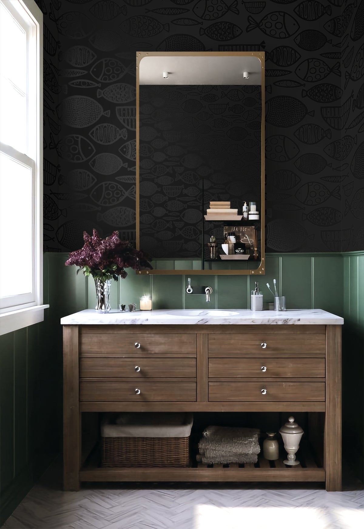 Cadence Fish Metallic Volcanic Black by Piano Metallic Fish Wallpaper – Seabrook Designs WH41400