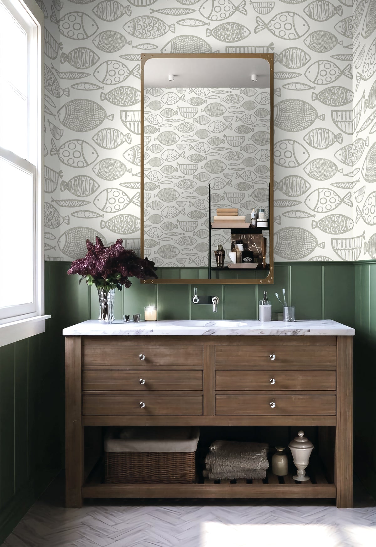Cadence Fish Lily Grey by Piano Fish Wallpaper – Seabrook Designs WH41410