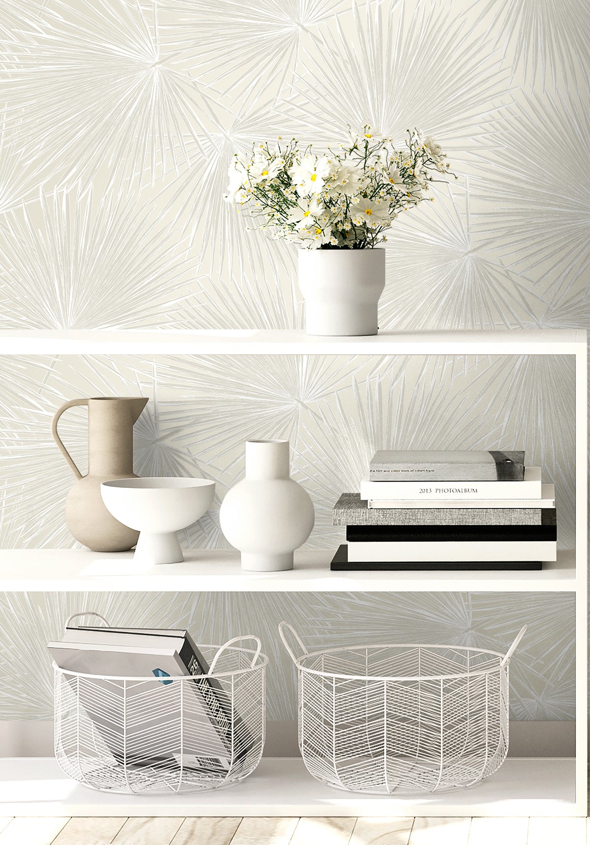 Elvis Palms Metallic Ivory by Piano Botanical Wallpaper – Seabrook Designs WH41503