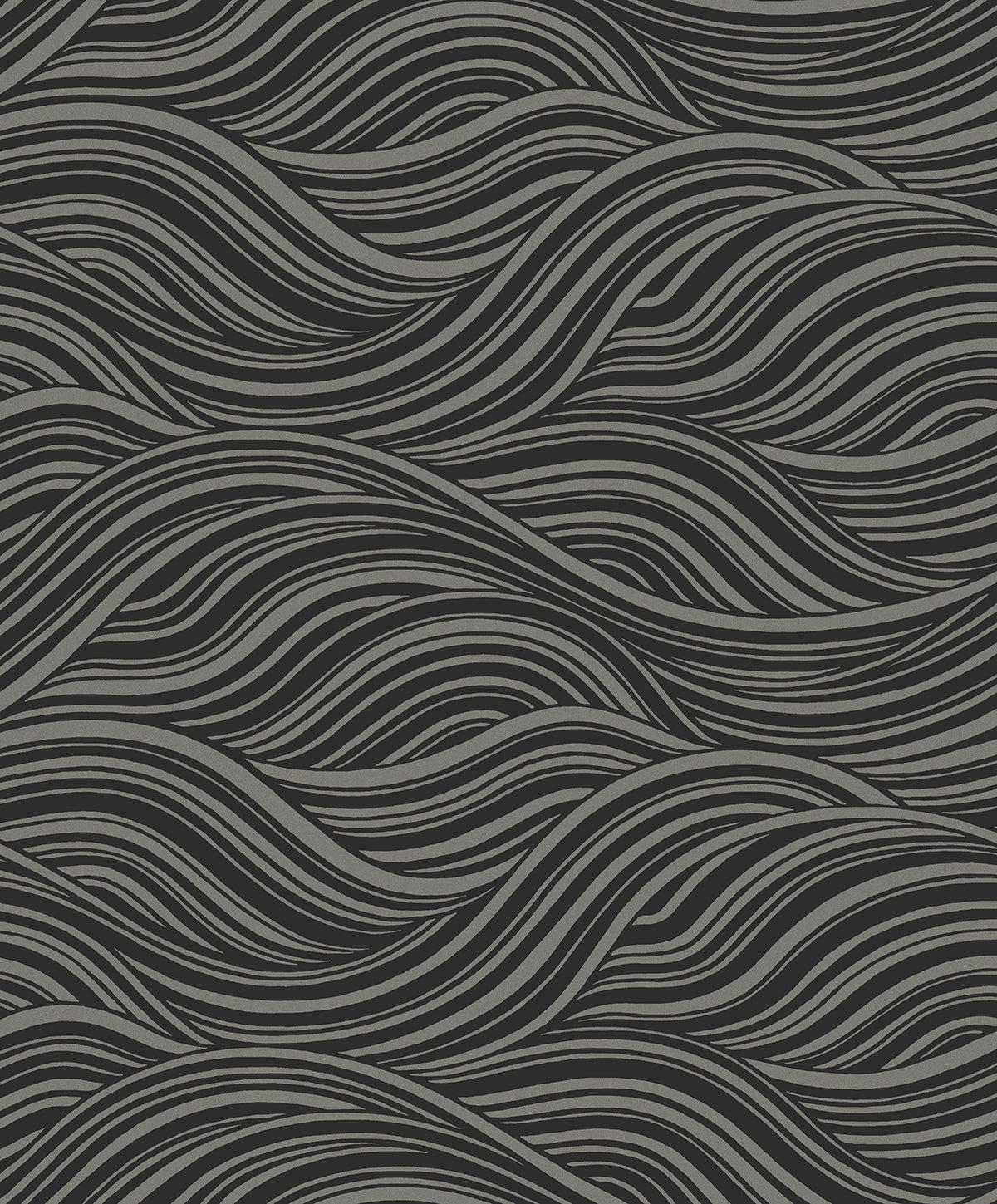 Melody Waves metallic charcoal and black abstract wave wallpaper with a flowing wavy line pattern and metallic finish.
