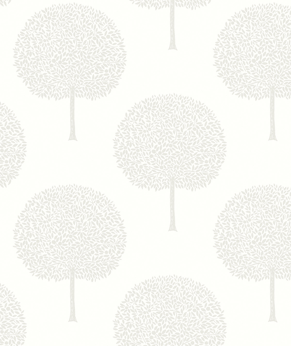 Ivory wallpaper with delicate glass-beaded tree silhouettes in a soft metallic finish.