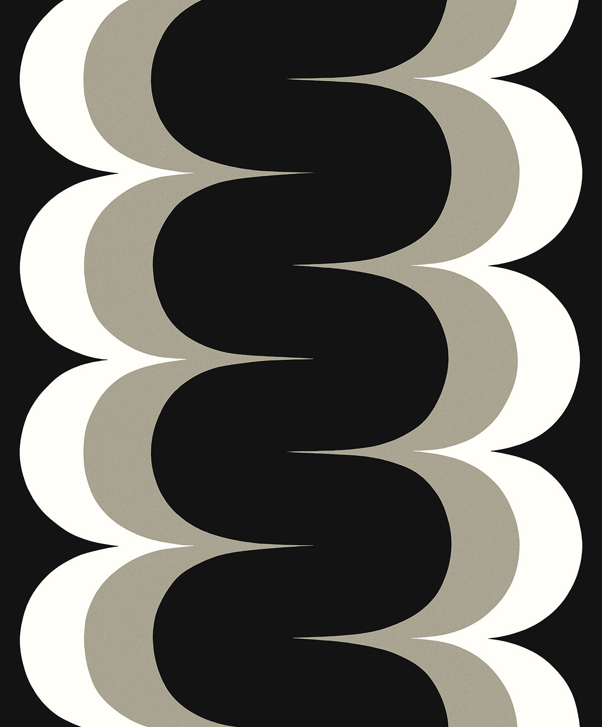 Mandolin geometric stripe wallpaper in onyx black with metallic stone scalloped vertical bands