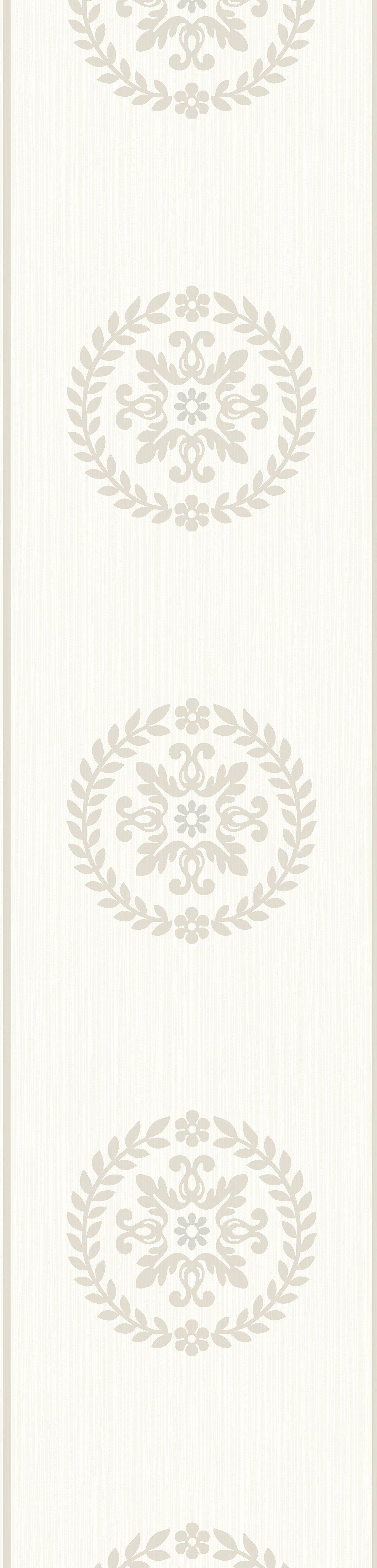 Cream and metallic medallion wallpaper border with repeating circular wreath motif