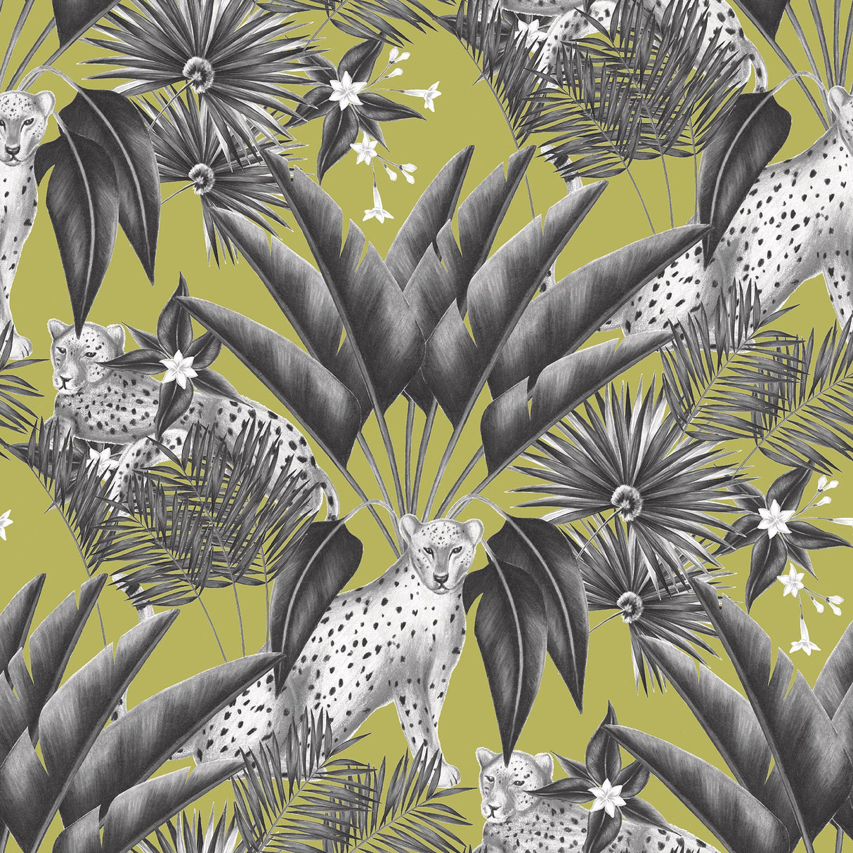 Augustus Grey Jungle Cheetah Wallpaper with Tropical Foliage Motif - ohpopsi WLD53105W