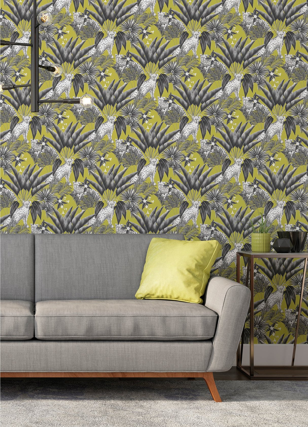 Augustus Grey Jungle Cheetah Wallpaper with Tropical Foliage Motif - ohpopsi WLD53105W