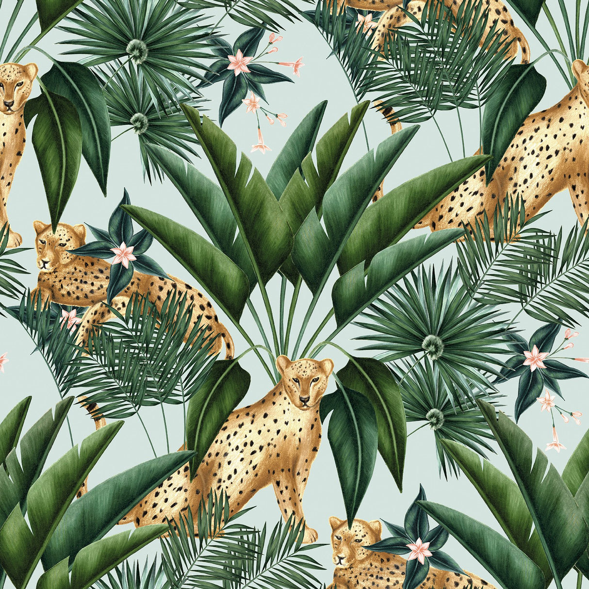 Augustus Aqua Jungle Cheetah Wallpaper with Tropical Non Woven Pattern - ohpopsi WLD53107W
