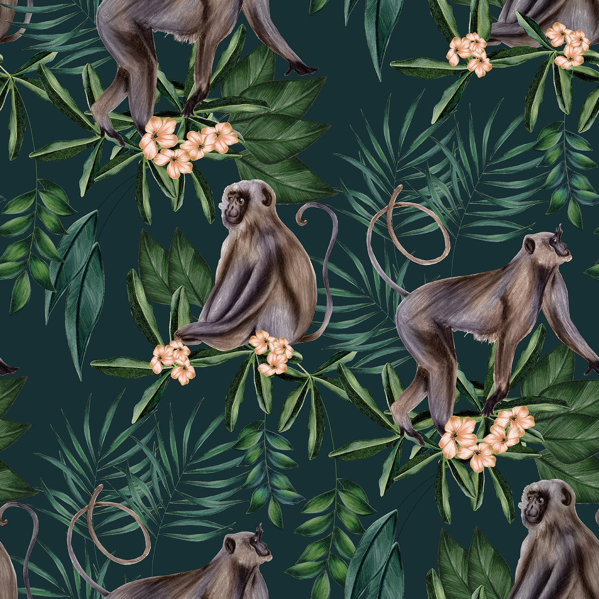 Morris Dark Blue Tropical Jungle Wallpaper with Monkeys Pattern, Tropical Style - WLD53109W
