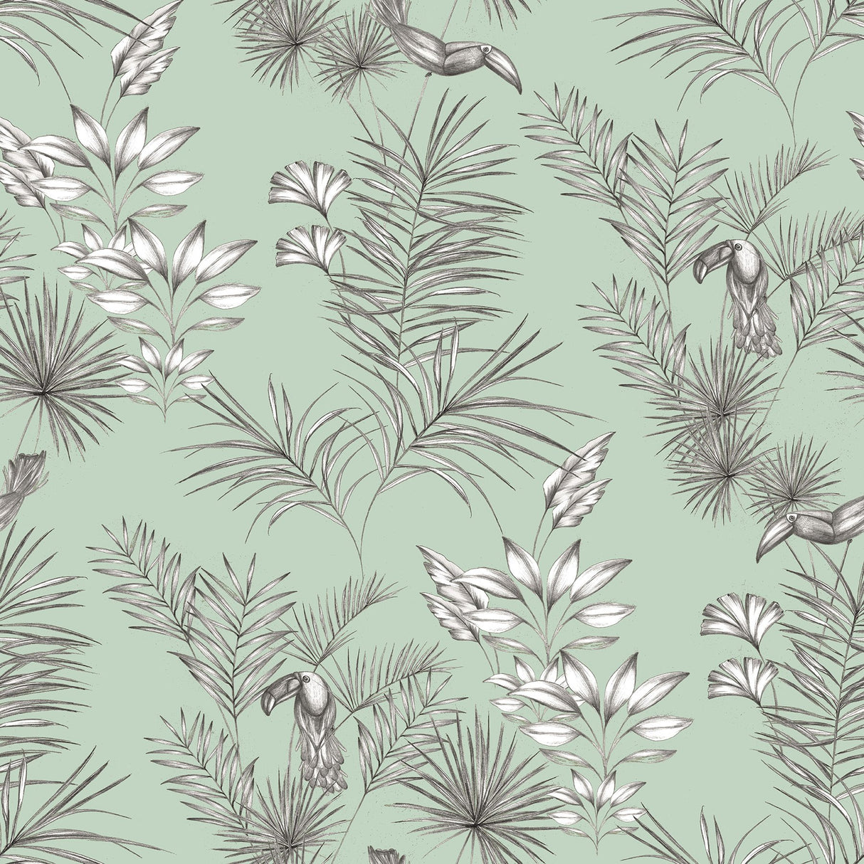 Shelly Mint Toucan Toile Wallpaper with Tropical Botanical Toile Pattern - ohpopsi WLD53113W