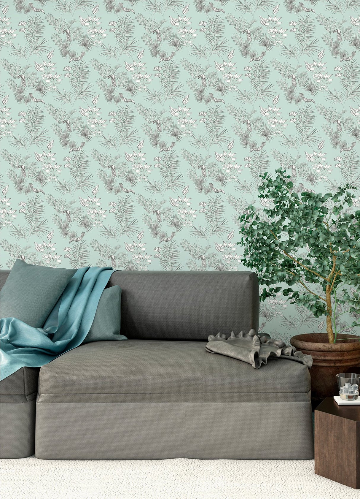 Shelly Mint Toucan Toile Wallpaper with Tropical Botanical Toile Pattern - ohpopsi WLD53113W