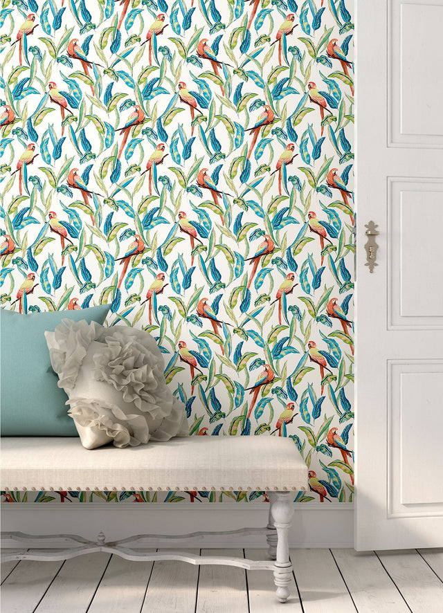 Timor White Tropical Parrot Wallpaper with Botanical Parrot Pattern, Tropical Style - ohpopsi WLD53116W