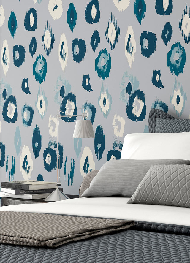 Amara Blue Animal Ikat Wallpaper with Modern Ikat Leopard Motif - WLD53120W