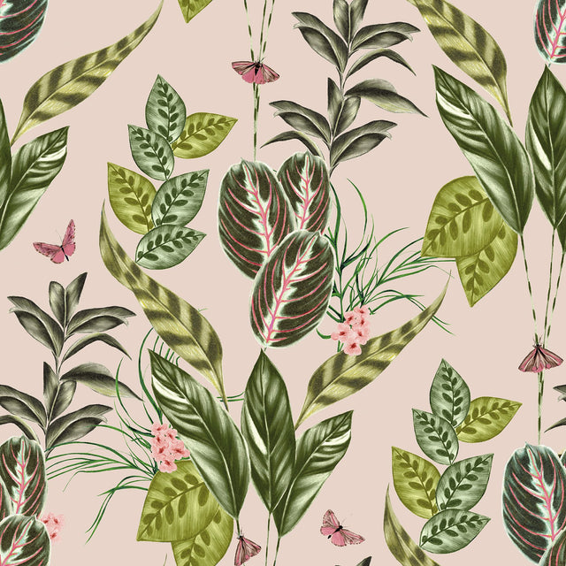 Spirit Light Pink Tropical Foliage Wallpaper with Whimsical Botanical Leaves Pattern - Brewster WLD53121W