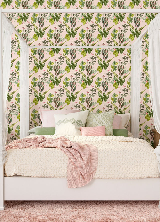 Spirit Light Pink Tropical Foliage Wallpaper with Whimsical Botanical Leaves Pattern - Brewster WLD53121W