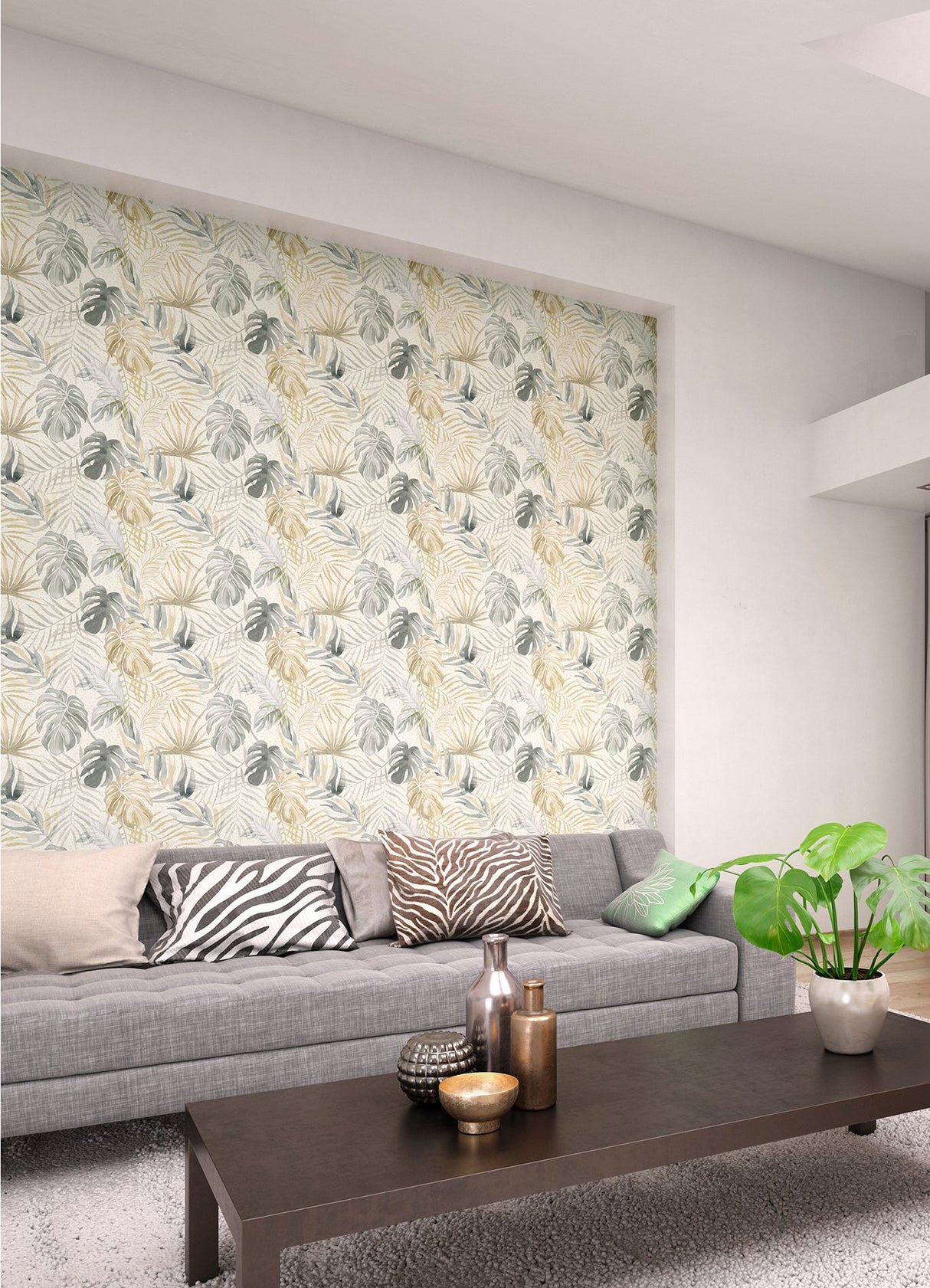 Lana Light Grey Tropica Wallpaper with Watercolor Leaf Motif - ohpopsi WLD53130W