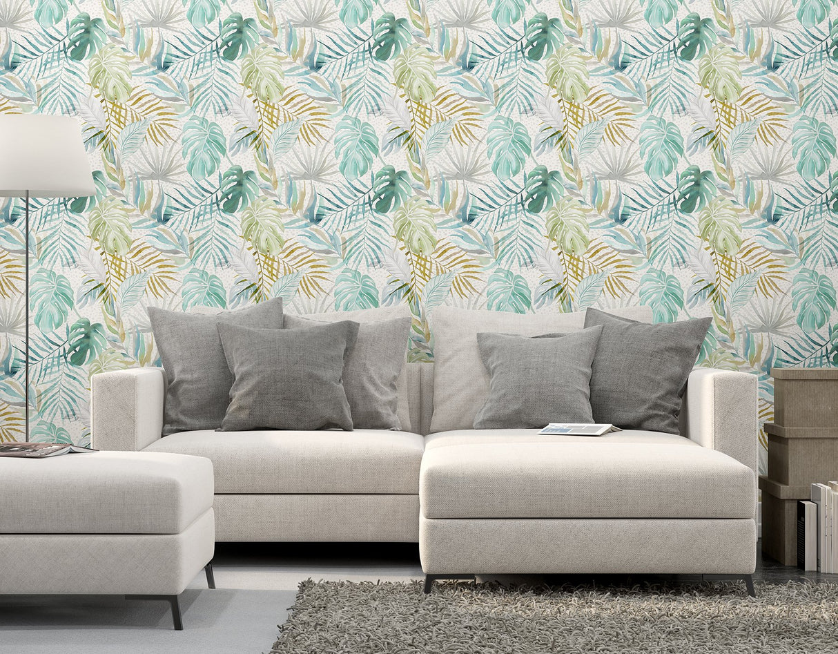 Lana Aqua Tropica Wallpaper with Botanical Leaf Pattern - ohpopsi WLD53132W