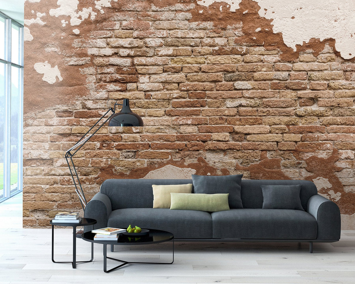 Distressed Brick Wall Mural Orange Faux Effects Industrial - WR50508