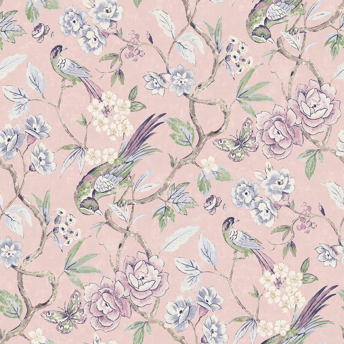 Aviary Garden Pink Peel and Stick Wallpaper by NuWallpaper - WVS6471