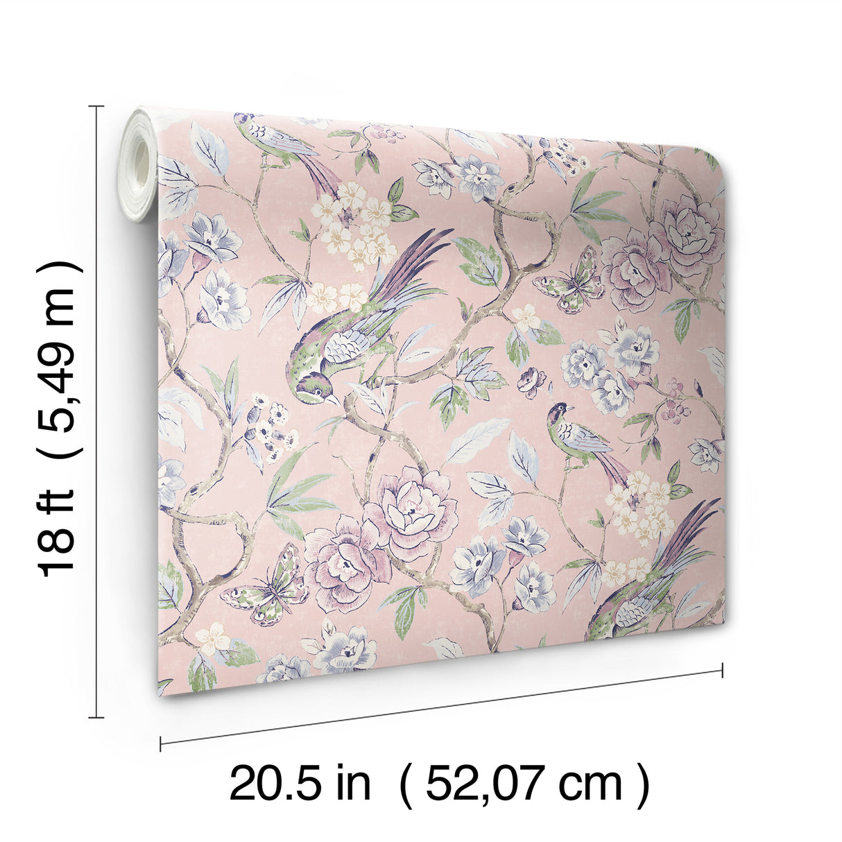 Aviary Garden Pink by NuWallpaper Romantic Chinoiserie Birds and Blooming Florals Transitional Peel and Stick Wallpaper - WVS6471