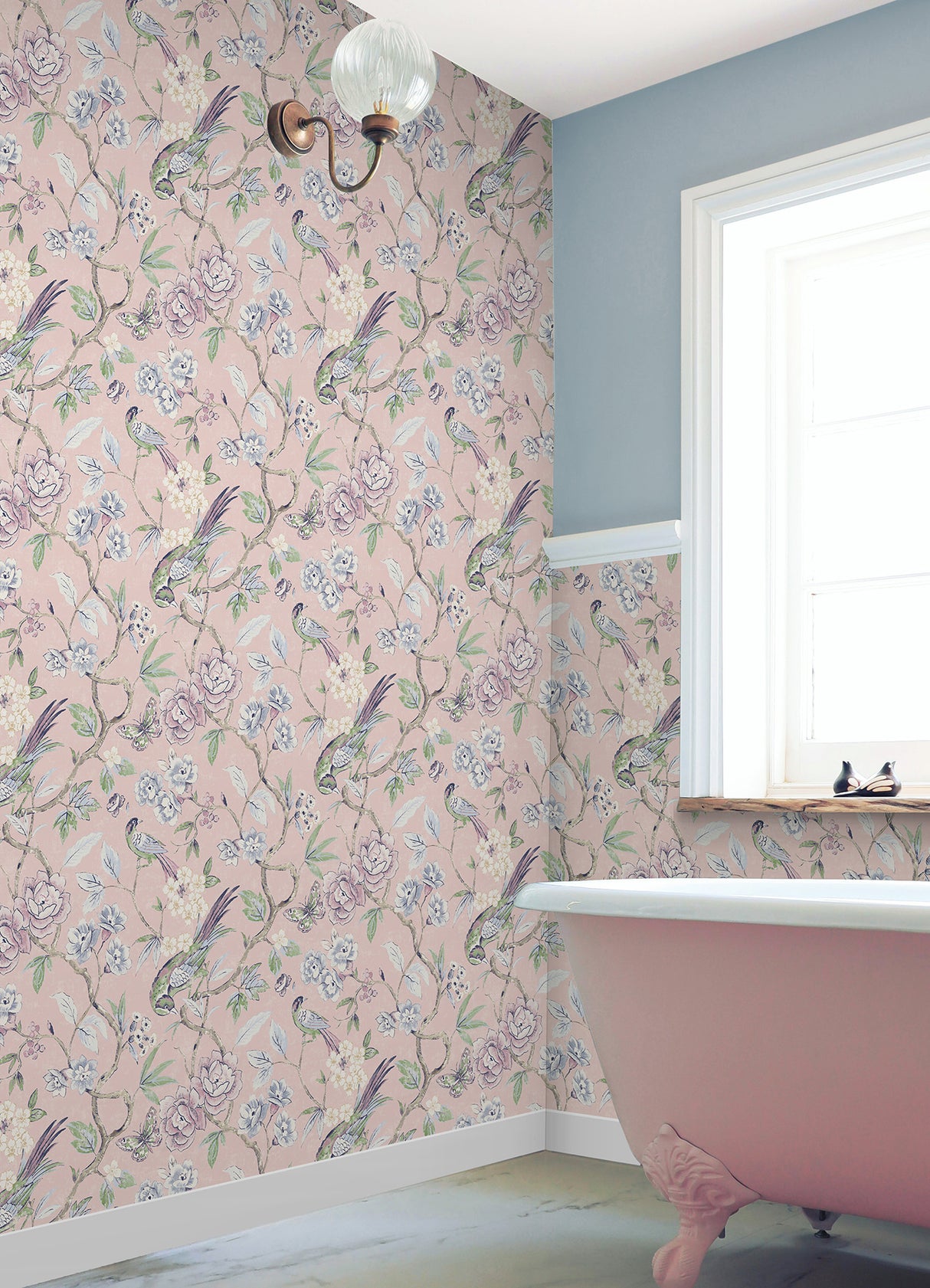 Aviary Garden Pink by NuWallpaper Romantic Chinoiserie Birds and Blooming Florals Transitional Peel and Stick Wallpaper - WVS6471