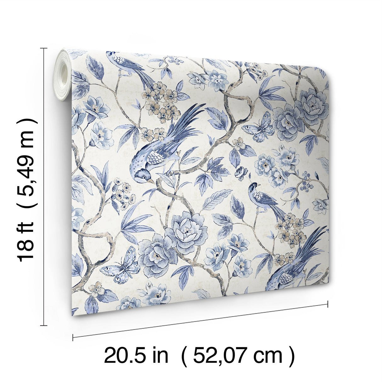 Aviary Garden Blue Chinoiserie Bird and Floral Peel and Stick Wallpaper by NuWallpaper - Waverly WallPops Collection - WVS6472