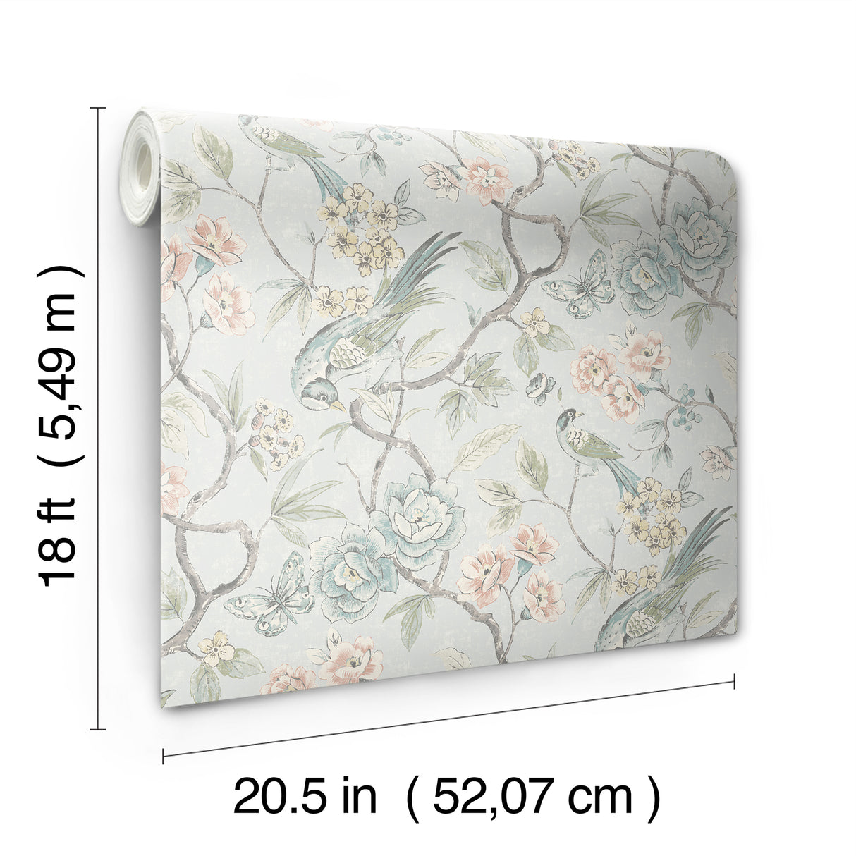 Aviary Garden Aqua by NuWallpaper Waverly Transitional Chinoiserie Bird Floral Peel and Stick Wallpaper 20.5in x 18ft - WVS6473
