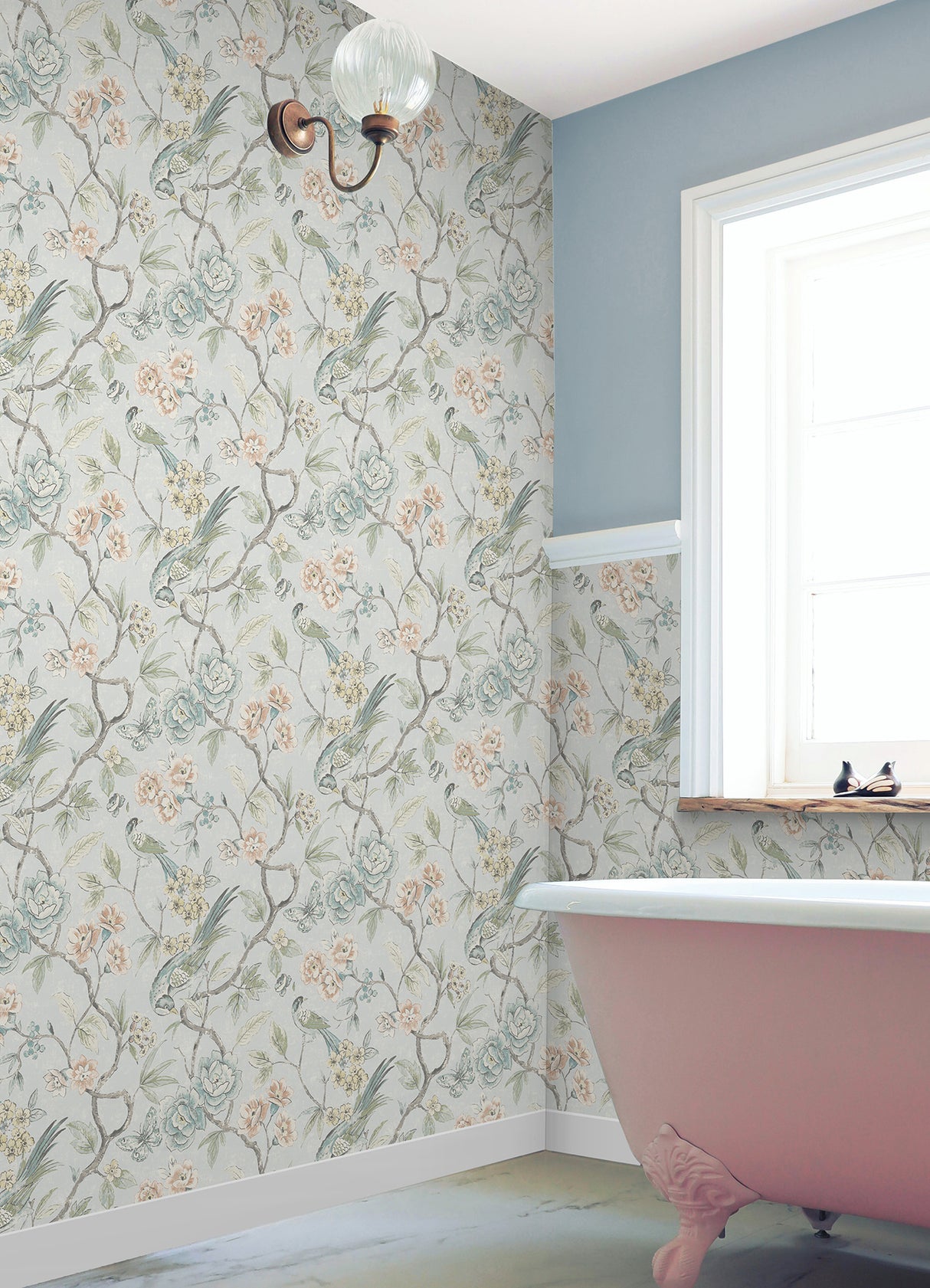 Aviary Garden Aqua by NuWallpaper Waverly Transitional Chinoiserie Bird Floral Peel and Stick Wallpaper 20.5in x 18ft - WVS6473