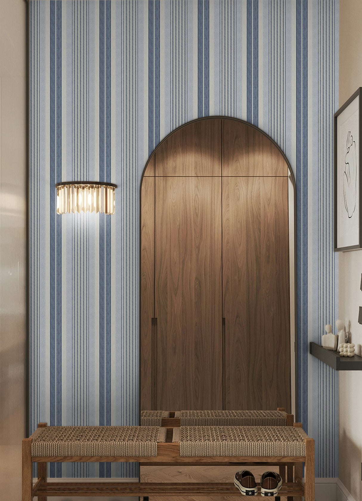 Escot Blue and White Stripe by NuWallpaper Vintage Transitional Peel and Stick Wallpaper from Waverly WallPops Collection - WVS6475