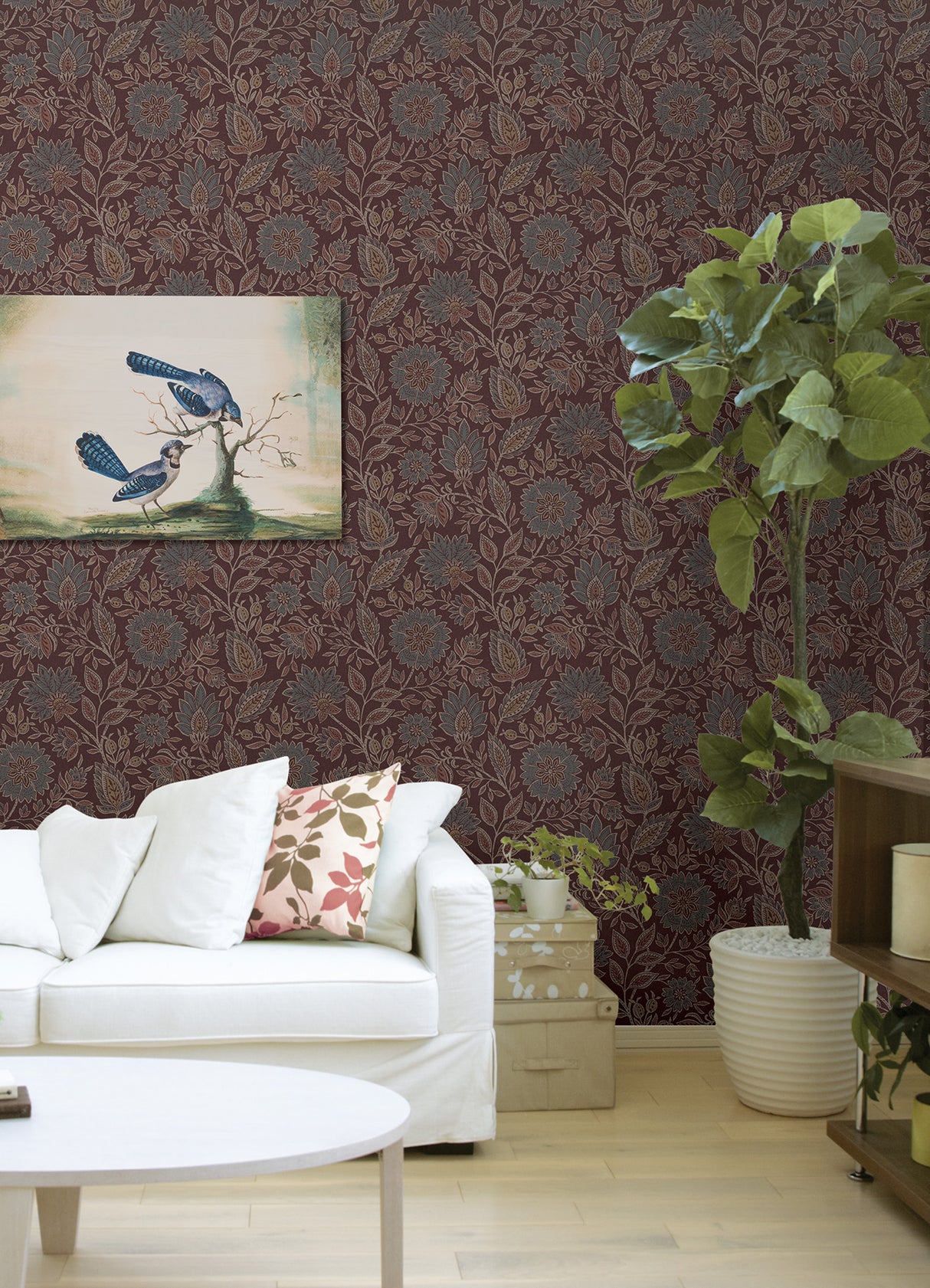 Indira Aster Maroon by NuWallpaper from Waverly Vintage Burgundy Botanical Floral Trail Fully Removable Peel and Stick Wallpaper - WVS6479