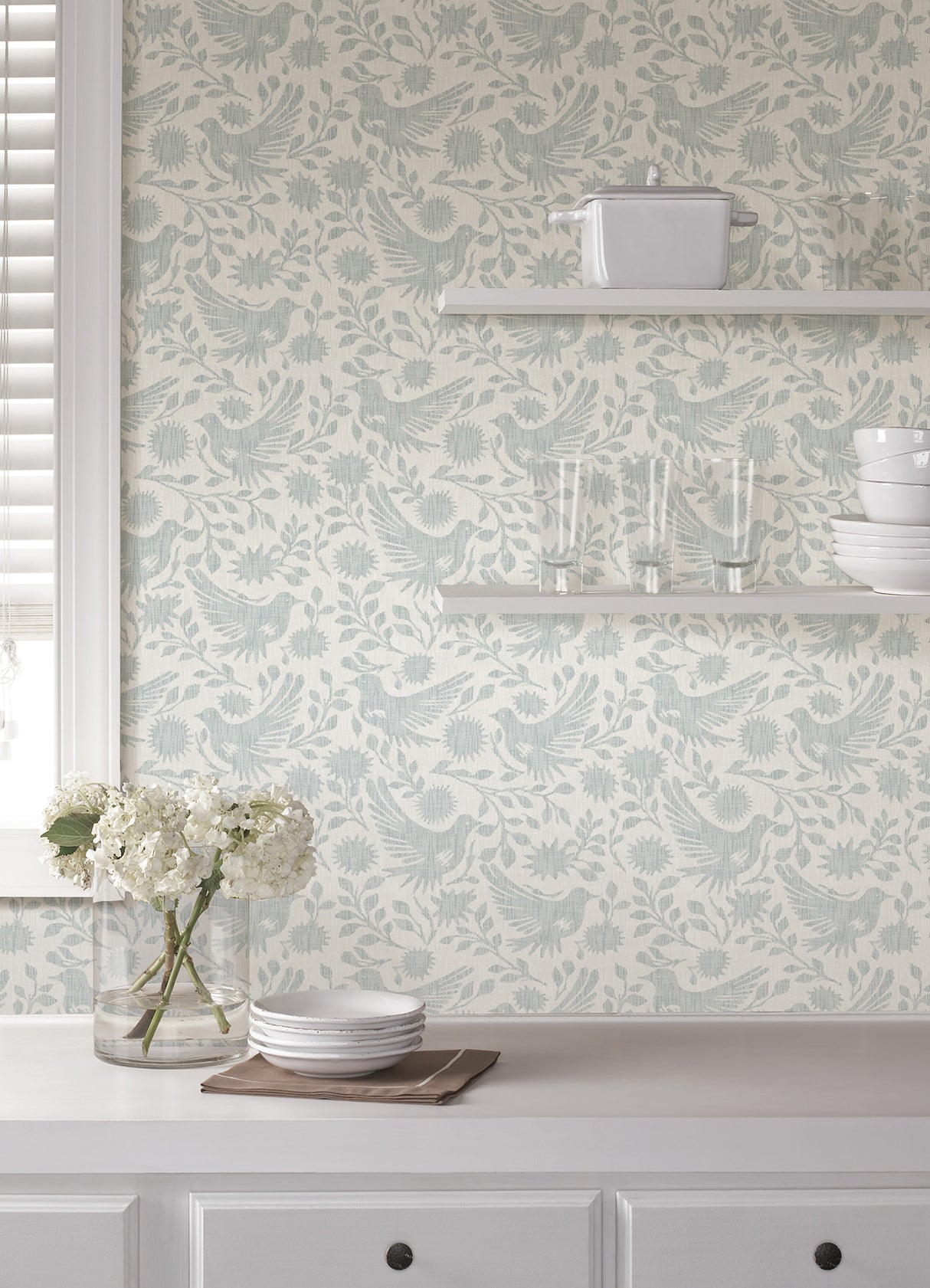 Winged Serenade Blue by NuWallpaper Waverly Folk-Inspired Bird and Floral Vine Fully Removable Transitional Peel and Stick Wallpaper - WVS6482