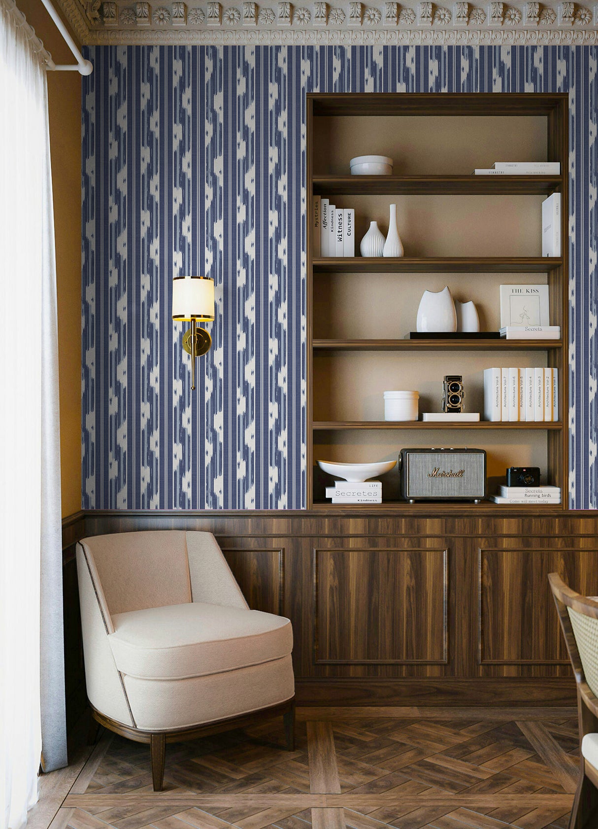 Ojai Blue and White Ikat-Inspired Vertical Stripe Fully Removable Peel and Stick Wallpaper from Waverly by NuWallpaper WallPops - WVS6485