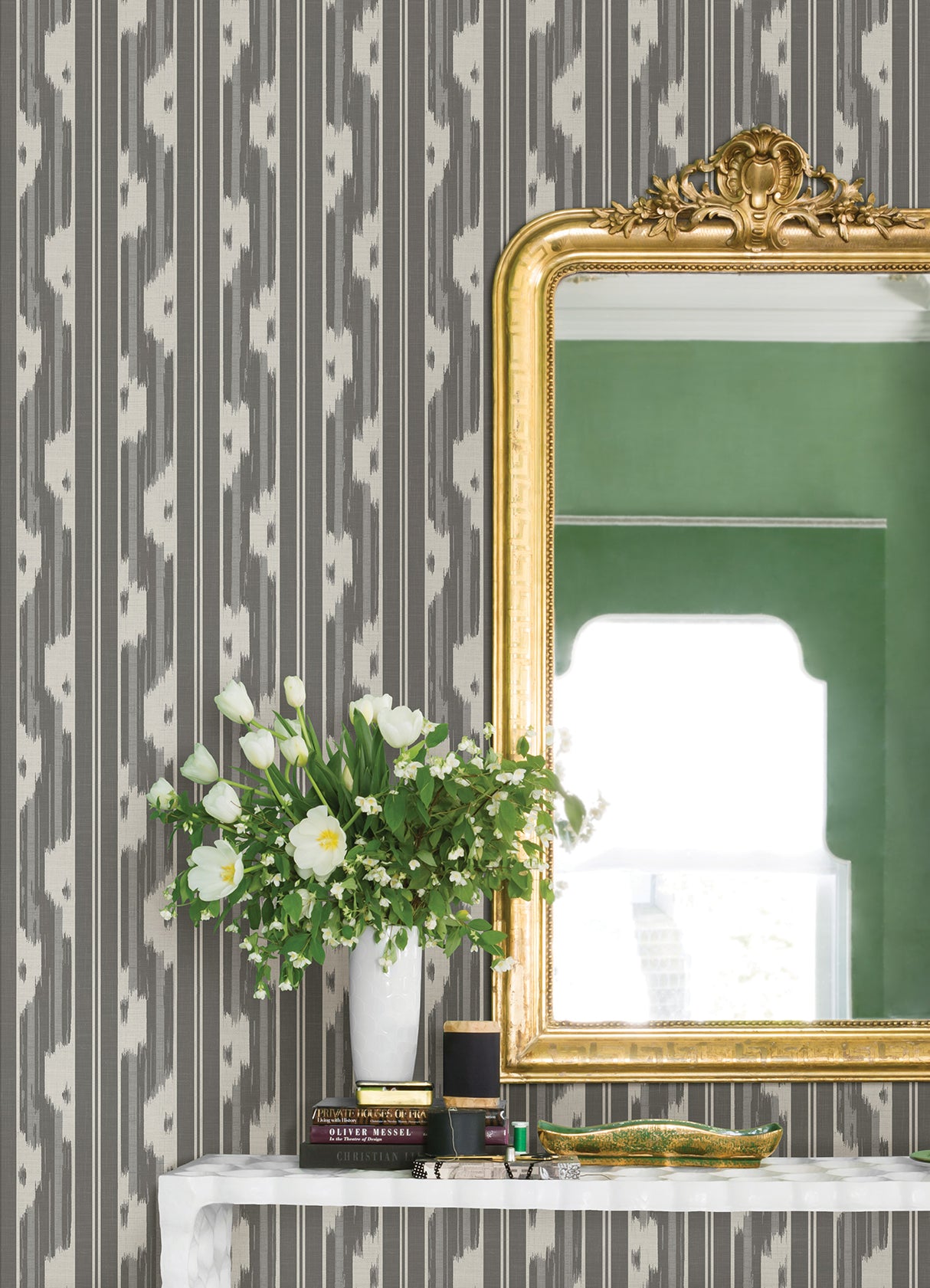 Ojai Charcoal by NuWallpaper Grey and White Ikat-Inspired Vertical Stripe Transitional Peel and Stick Wallpaper Waverly Collection - WVS6486
