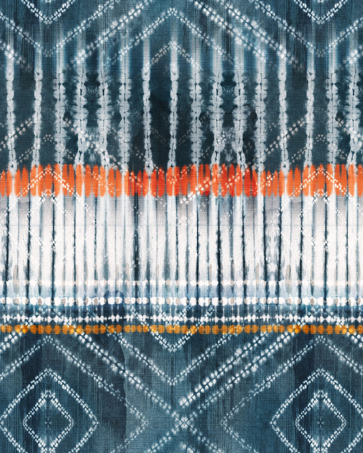 Native Indigo Blue Wall Mural with Shibori Diamond Pattern and Orange Accent - Komar X4-1012