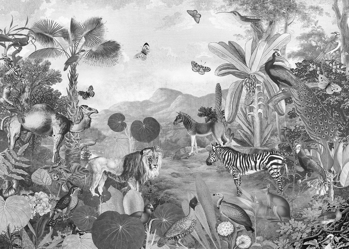 Flora & Fauna Black and White Scenic Wall Mural with Novelty Jungle Animals - Komar X7-1016