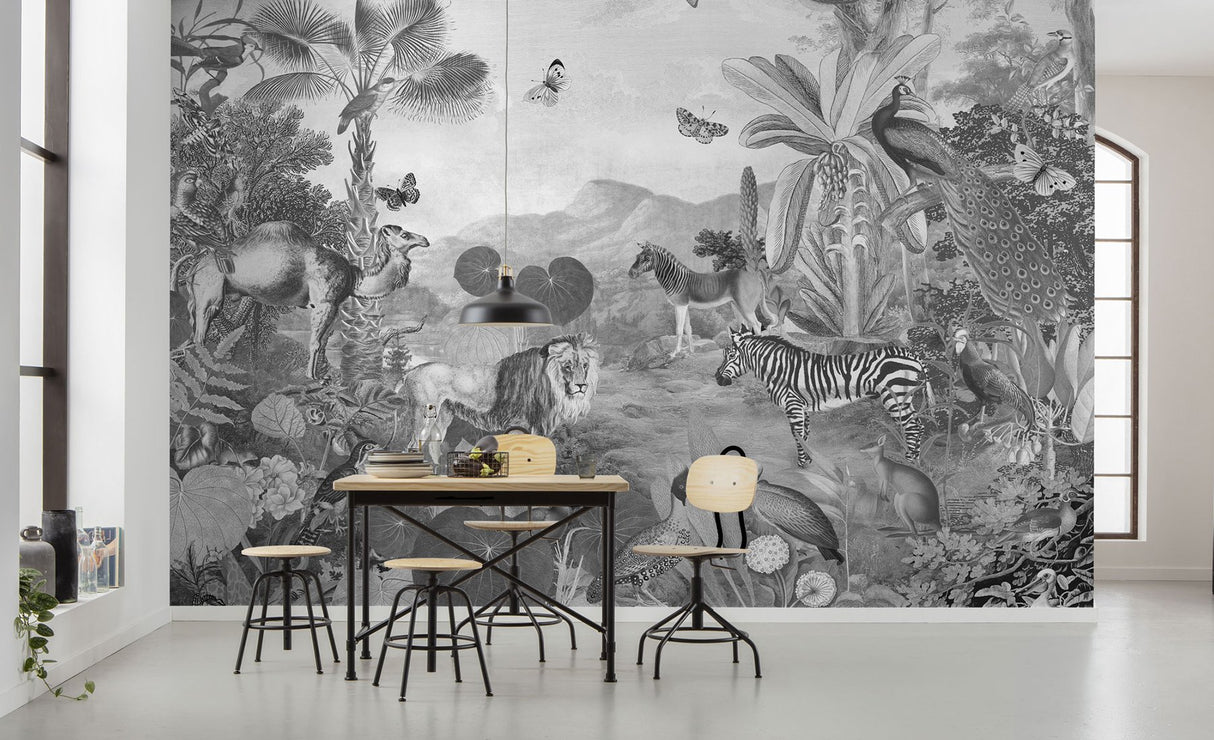 Flora & Fauna Black and White Scenic Wall Mural with Novelty Jungle Animals - Komar X7-1016