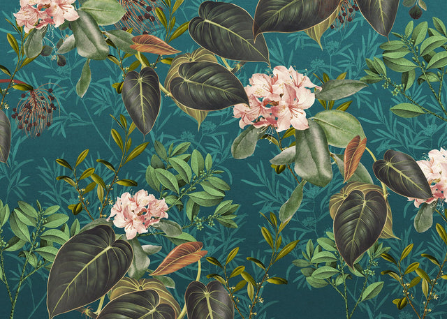 Teal Tropic Teal Wall Mural with Botanical Floral Pattern - Komar X7-1039